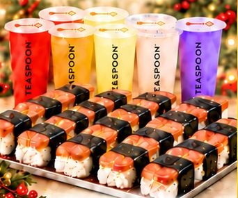 Tray of Spam musubi with Teaspoon drinks